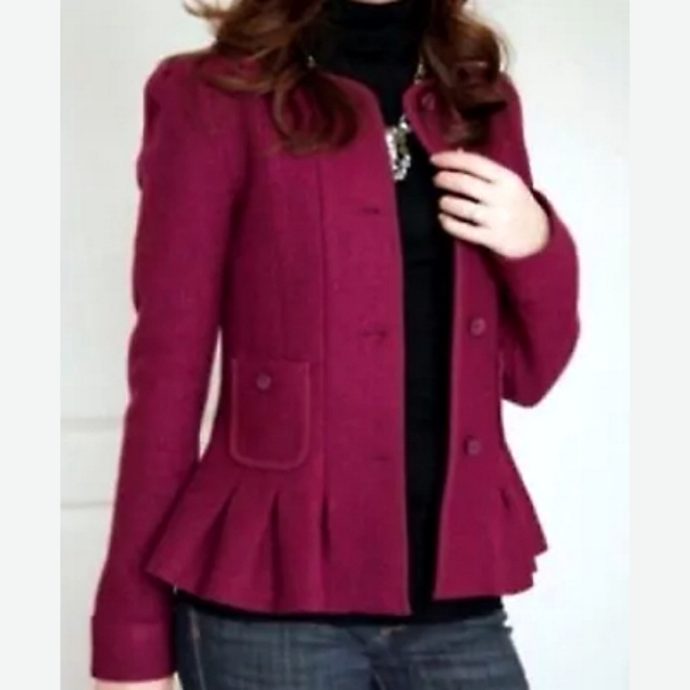 Elevenses for Anthropologie Burgundy Wool Blend Peplum Jacket | Size 8 - Picture 8 of 8